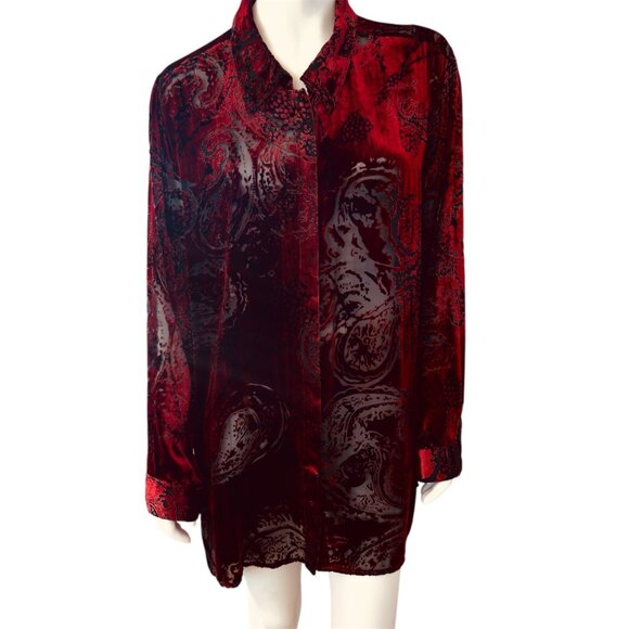 Laura Ashley Plus Size Velvet Paisley Burnout Silk Blend Button Up Tunic Blouse - Picture 1 of 6